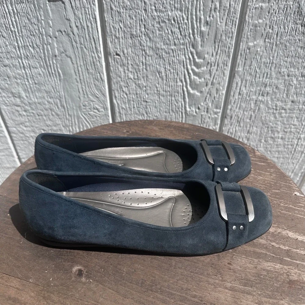 Trotters Ballet Flats Navy Blue Suede Square Toe Buckle Comfort Shoes 8.5 SS
